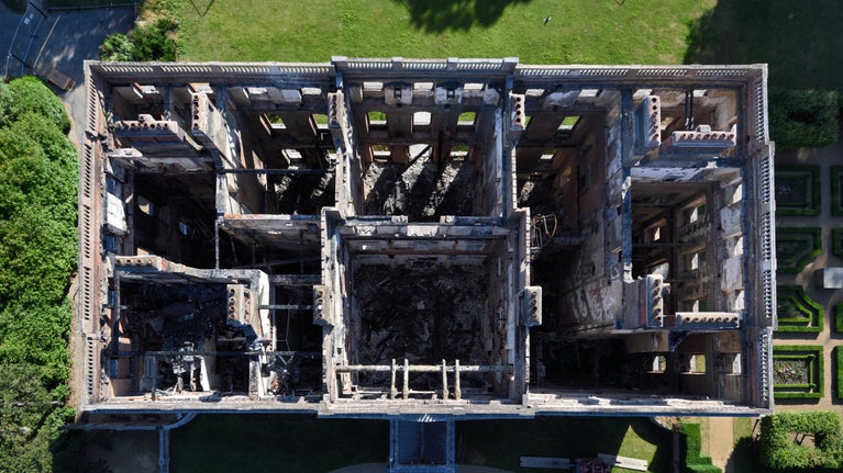 Aerial view of the brickwork shell following the fire at Clandon Park